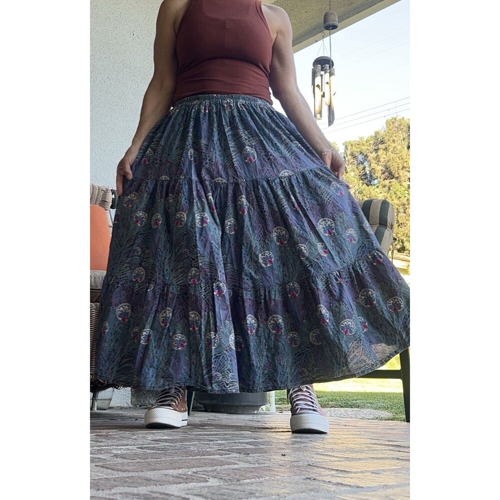 Vintage Joby Design Full Maxi Skirt‎ Peacock Feather Teal Purple S/M  Boho USA - Picture 3 of 12